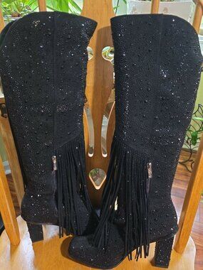 Jessica Simpson Rhinestone Fringe Boots Black 9.5